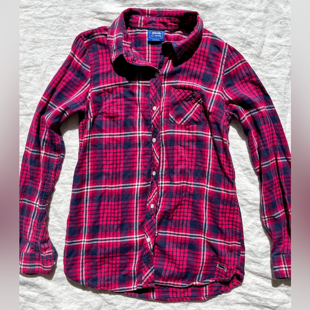 Le Tigre Flannel - Pink & Navy Blue - Soft Cozy Vintage Top - Women’s S Small